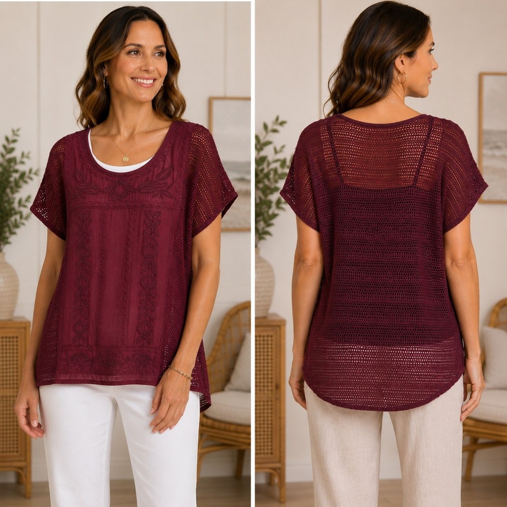 Coldwater Creek Tessa Tonal Sweater Short Sleeve Embroidered Top Red Wine 24653
